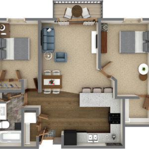 F Unit - Two Bedroom One Bathroom (943 Sq. Ft.)